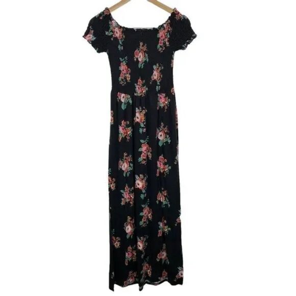 M. FASIS BLACK FLORAL ON OR OFF SHOULDER SMOCKED TOP SLIT MAXI DRESS SIZE LARGE - Picture 5 of 8